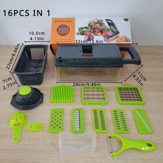 16-in-1 Multifunctional Vegetable Chopper & Slicer - Manual Kitchen Food Processor with Drain Basket