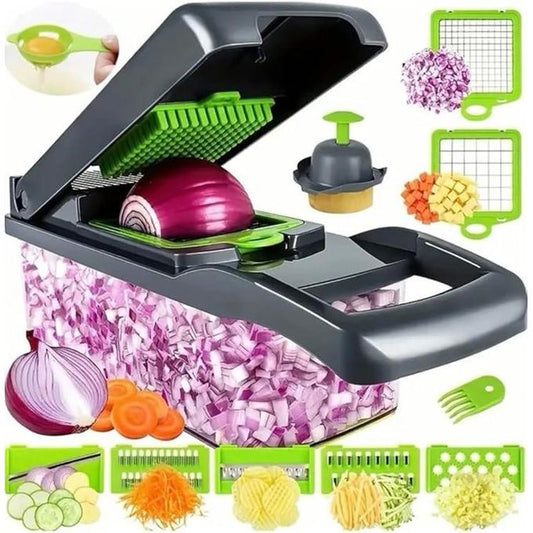 16-in-1 Multifunctional Vegetable Chopper & Slicer - Manual Kitchen Food Processor with Drain Basket